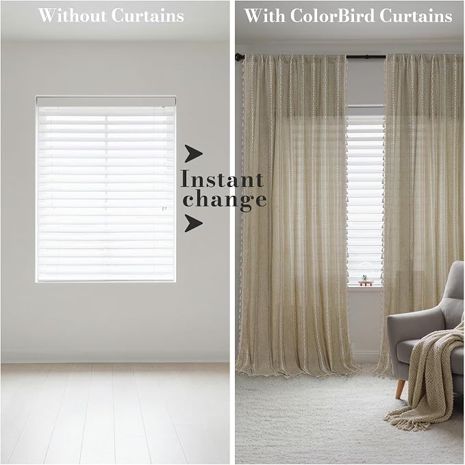 ColorBird Boho Floor to Ceiling Linen-Textured Brown Tan Curtains for Living Bedroom Sliding Doors 96 Inches Farmhouse Light Filtering Embroidered Striped Drapes Dining Room Closet Window Treatment