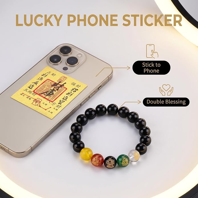 LINGYUAN Feng Shui Wealth and Luck Bracelet with Gold Foil Five Gods Amulet-Red Agate Cinnabar Gemstone Bracelet for Prosperity, Protection & Success, Lucky Charm Gift for Men & Women