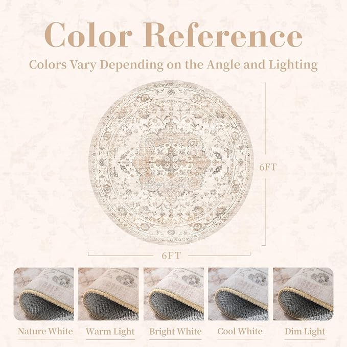 PADOOR 6FT Round Rug,Rugs for Living Room,Soft Beige Circle Rug,Machine Washable Rugs for Bedroom,Non Slip Carpet,Rug for Dining Room Living Room Bedside Office
