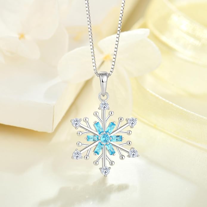 925 Sterling Silver Snowflake Necklace Birthstone Snowflake Pendant Necklaces for Women Cubic Zirconia Christmas Jewelry