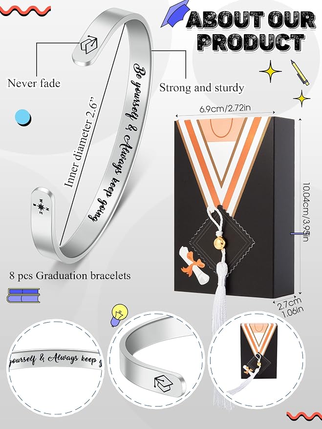Yinkin 16 Pcs Class of 2026 Graduation Gifts Inspirational Graduation Bracelets Graduation Cuff Bangle Jewelry Appreciation Gift Ideas with Gift Box