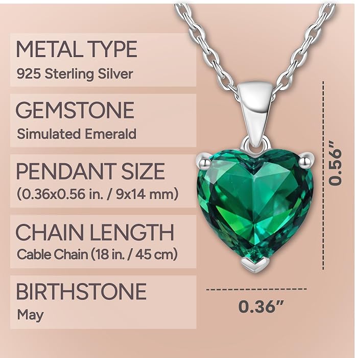 ADITA GOLD Bithstone Heart Necklace for Women with 925 Sterling Silver Chain, Simulated Birthstone Pendant, Jewelry
