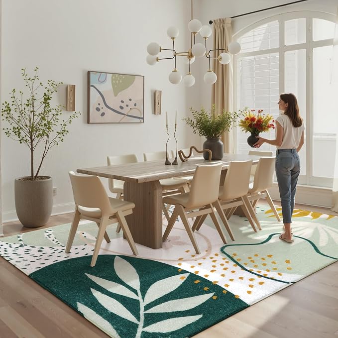 Lahome Green Washable Rugs 9x12 Living Room Rug, Non-Slip Backing Lightweight Extra Large Area Rug Ultra-Thin Throw Rus for Dining Room Table, Boho Botanical Print Soft Rug for Bedroom Classroom Home