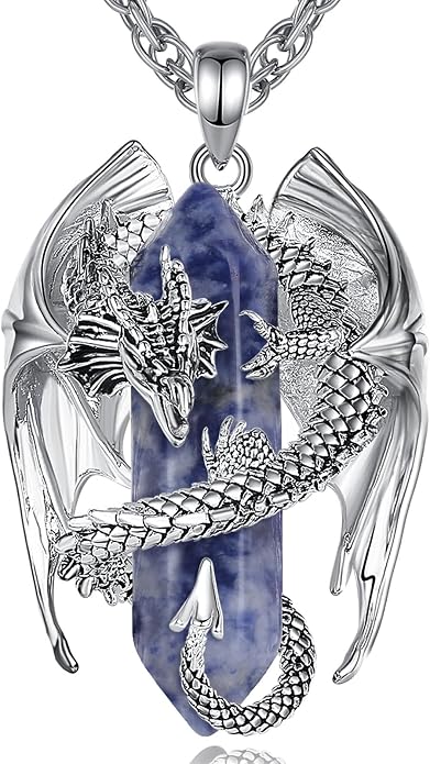 INFUSEU Unique Dragon Necklaces with Healing Crystal Stone for Men Women, Personalized Spiritual Gifts, 24 Inch Chain