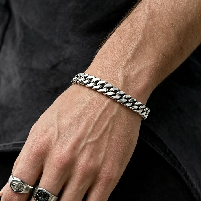 8.5mm Mens Silver Black 316L Diamond-cut Stainless Steel Cuban Link Chain Bracelet for Men, Durable Classic Wrist Jewelry, Gift for Him