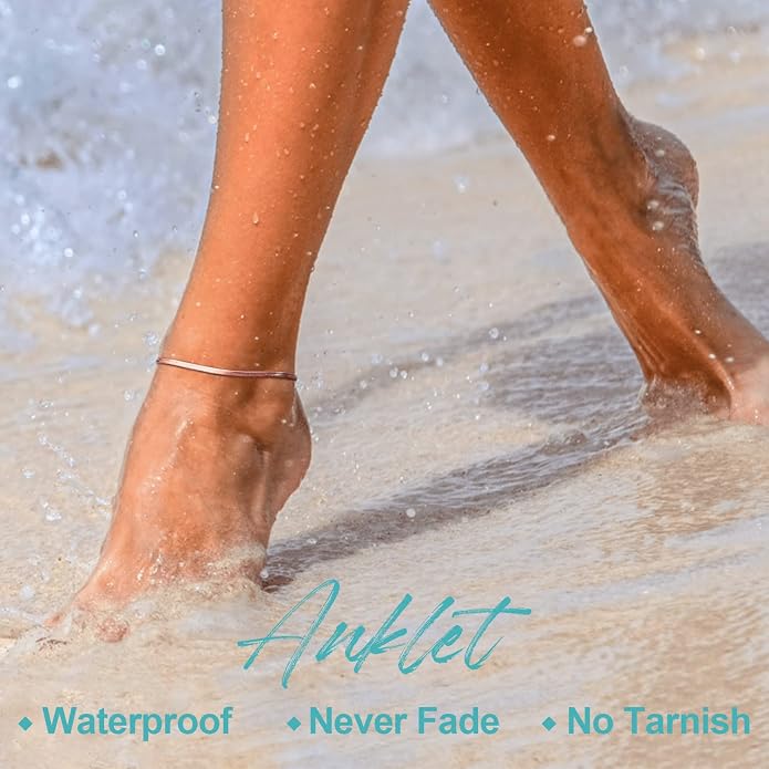 FOCALOOK 14K Gold Plated Anklets for Women Waterproof Plus Size Ankle Bracelet 8.5-10.5 Inch Adjustable Mariner/Figaro/Flat Snake/Cuban Link Chain Anklet Jewelry for Summer Beach Holiday