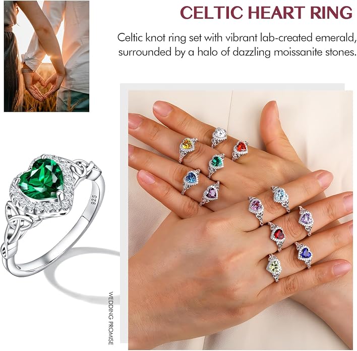 DAYBYDAY Celtic Birthstone Rings for Women 925 Sterling Silver Heart/Round/Pear/Oval Created Gemstone Moissanite Halo Engagement Promise Rings for Her Wife Birthday Anniversary Wedding Jewelry