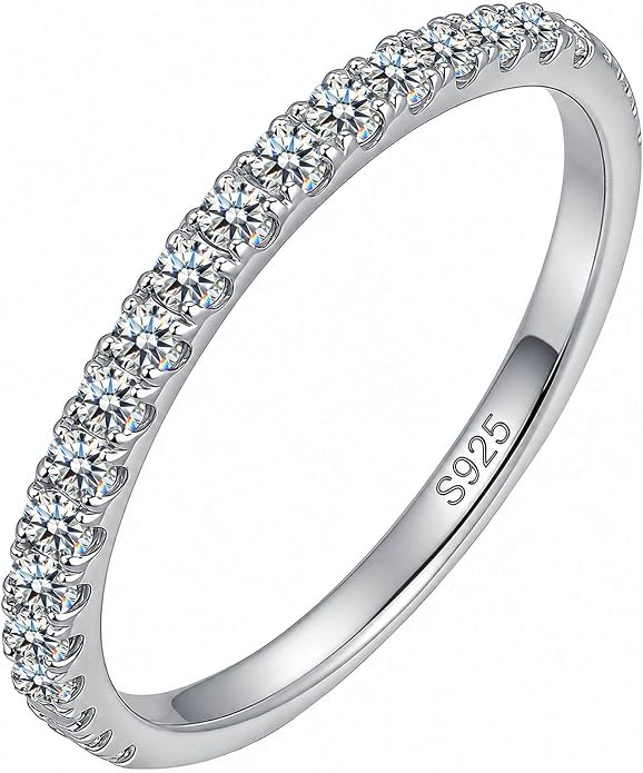 WES 1.5/1.8/2.0mm Moissanite Wedding Band - 925 Sterling Silver Half Eternity Round Stackable Moissanite Engagement Rings Anniversary Wedding Rings for Women, Size 4-11