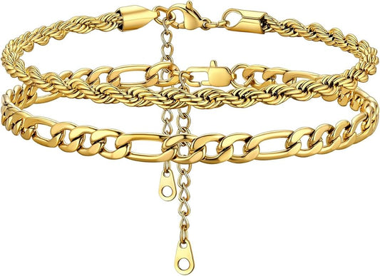 KeyStyle Paperclip Ankle Bracelets for Women, 14k Gold Plated Cuban Chain Rope LInk Anklets Sets, Stainless Steel Figaro Layered Anklet Pack Summer Jewelry(2PCS, 3PCS)
