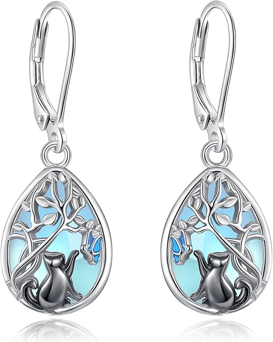 Vito 925 Sterling Silver Teardrop Earrings for Women, Moonstone Turquoise Drop Dangle Earrings Cat Snake Turtle Tree of Life Leverback Earrings Boho Jewelry Gift for Mom Wife