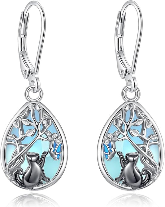 Vito 925 Sterling Silver Teardrop Earrings for Women, Moonstone Turquoise Drop Dangle Earrings Cat Snake Turtle Tree of Life Leverback Earrings Boho Jewelry Gift for Mom Wife