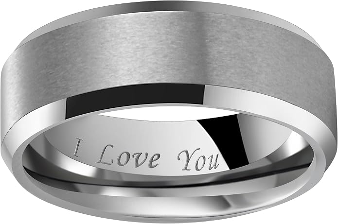 Crownal 4mm 6mm 8mm Black/Silver/Gunmetal/Gold Tungsten Wedding Couple Bands Rings Men Women Matte Brushed Finish Center Engraved "I Love You" Size 4 To 17