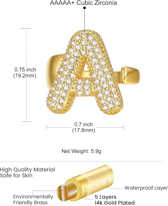 KeyStyle Bold Initial Letter Rings Adjustable, GoldChic Jewelry Women Gold Statement Ring Personalized Engraved Women’s Open Signet Ring for Party (Gold, White Gold, Black)