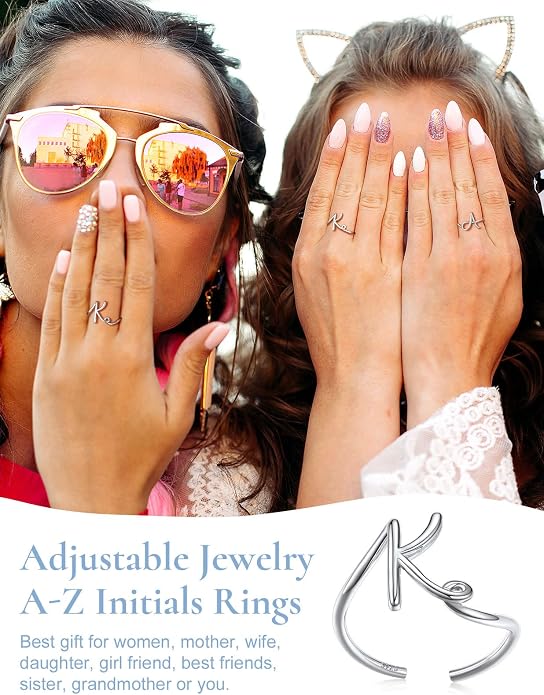 SILVERCUTE S925 Initial Rings, Adjustable Size 6-12 Statement Alphabet Letter A-Z Jewelry Personalized Twisted Initials Rings Sterling Silver Stacking Ring for Women
