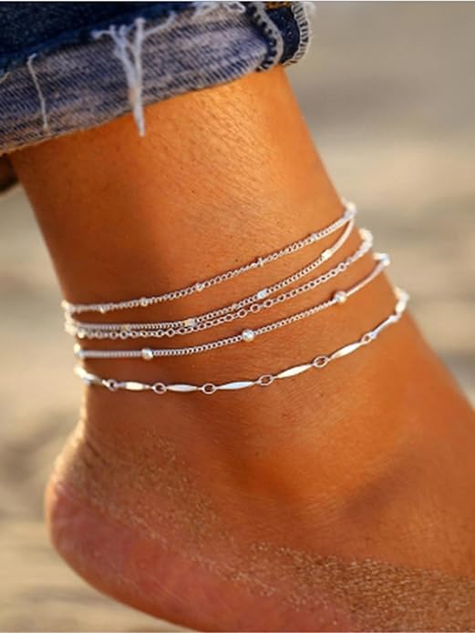 Silver/Gold Anklets for Women, Sterling Silver Evil Eye Ankle Bracelets for Women Trendy Dainty Waterproof Anklets Set Adjustable Layered Anklet Bracelets for Women Silver Jewelry Gift