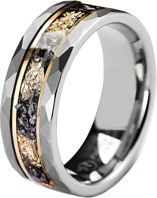 Mens Tungsten Carbide Wedding Bands 8mm Black Hammered Edge Gold Foil Inly Durable Scratch Proof Stainless Steel Cool Promise Ring for Him Comfort Fit