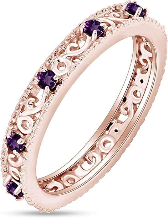 Jewel Zone US Filigree Eternity Wedding Band Ring for Women, Round Cut Simulated Gemstone Stackable Promise Ring in 14K Gold Plated 925 Sterling Silver Band Width 3.5mm – Elegant Jewelry for Her