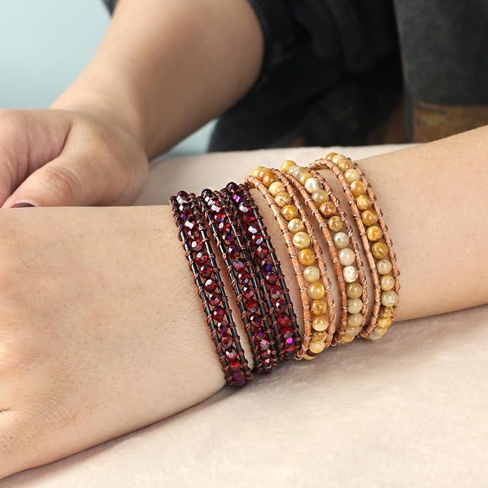 KELITCH Turquoise Beads Bracelets Leather 3 Wrap Bracelet Handmade Women Heart Jewelry