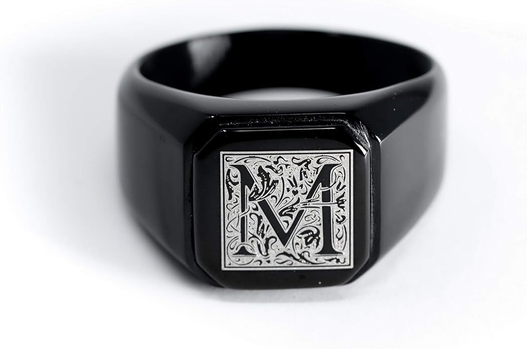 Jewelry | Stainless Steel Letter Alphabet Initial Ring | Square Flat Top Ring for Men & Women | Stainless Steel Jewelry, (Black, Gold, Silver), Size 7-16