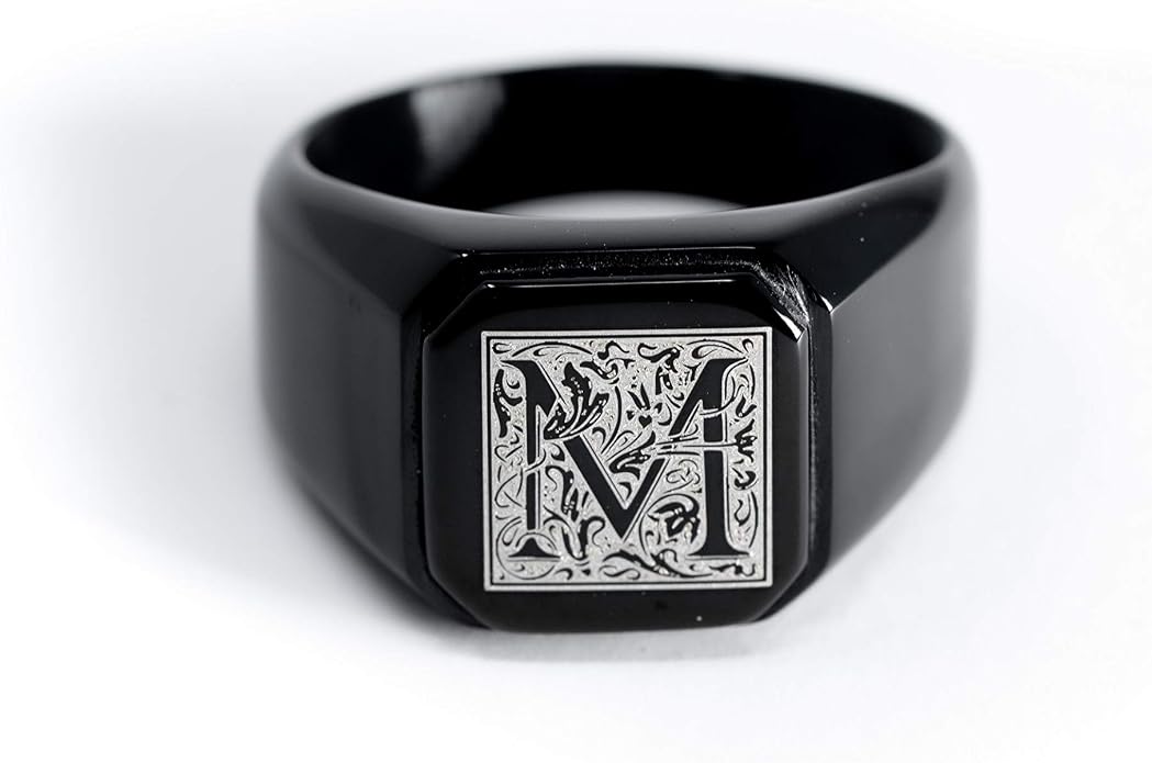 Jewelry | Stainless Steel Letter Alphabet Initial Ring | Square Flat Top Ring for Men & Women | Stainless Steel Jewelry, (Black, Gold, Silver), Size 7-16