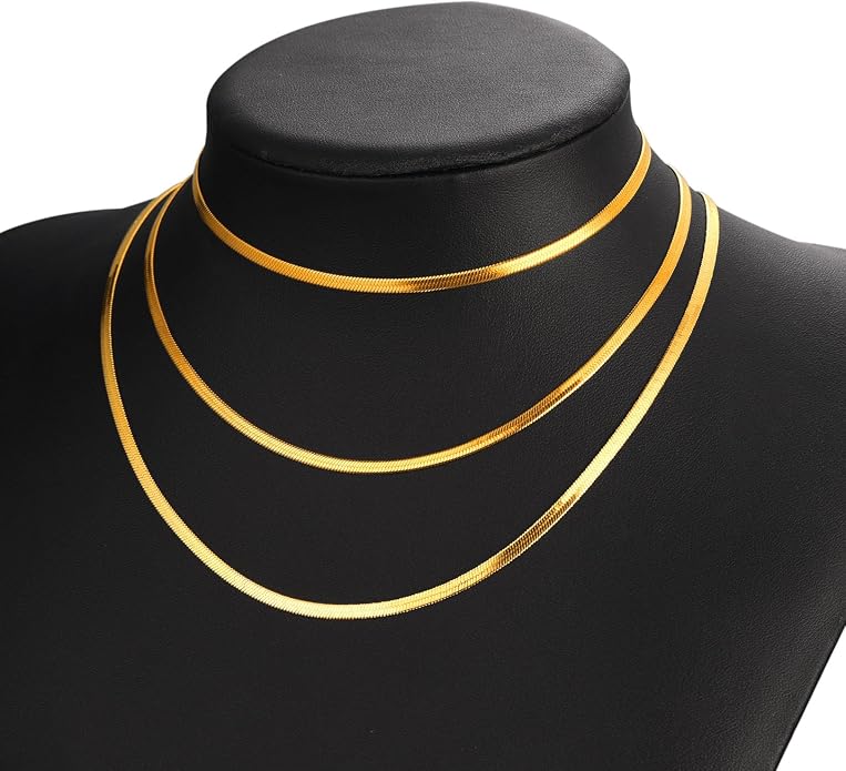 FOCALOOK 14K Gold Plated Necklaces for Women, Fashion Herringbone Choker Necklace Stainless Steel Flat Snake Chain 3/5MM(W) 12.5"/15"/18"+3.5"(L)