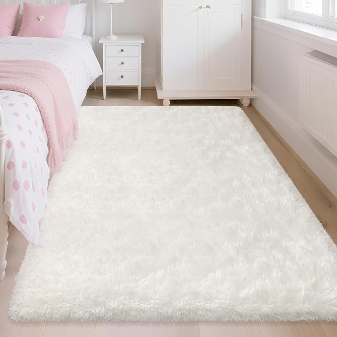 Soft Fluffy White Rug for Bedroom Living Room, 4x6 Furry Cream Area Rug Soft Fuzzy Shag Carpet for Boys Girls Room Dorm Dresser Bedside, Plush Thick Throw Kids Shaggy Rug Non-Slip for Nursery
