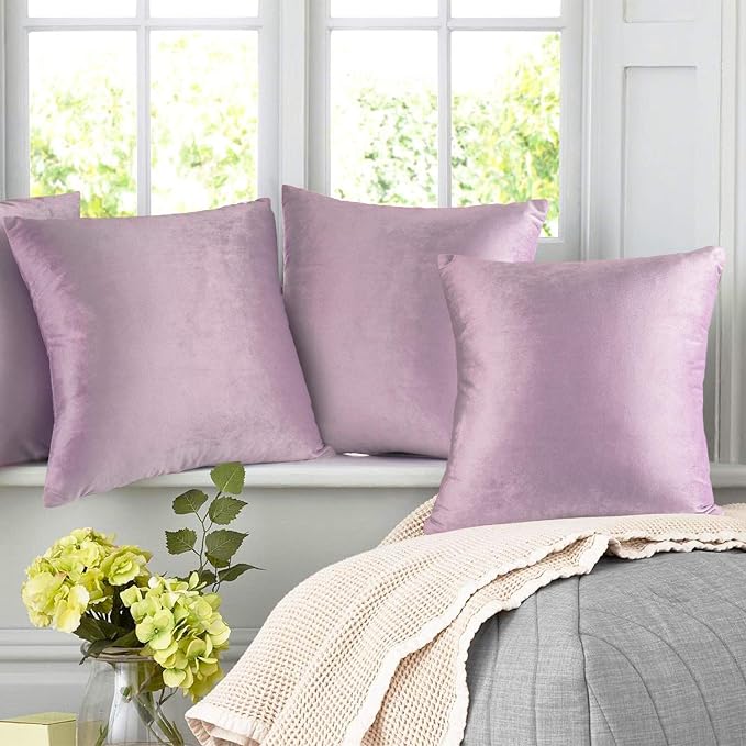 Nestl Throw Pillow Covers, Cozy Velvet Decorative Outdoor Pillow Covers 20X20 Inches, Soft Solid Cushion Covers for Sofa, Bed and Car, Set of 4 - Light Gray Lavender