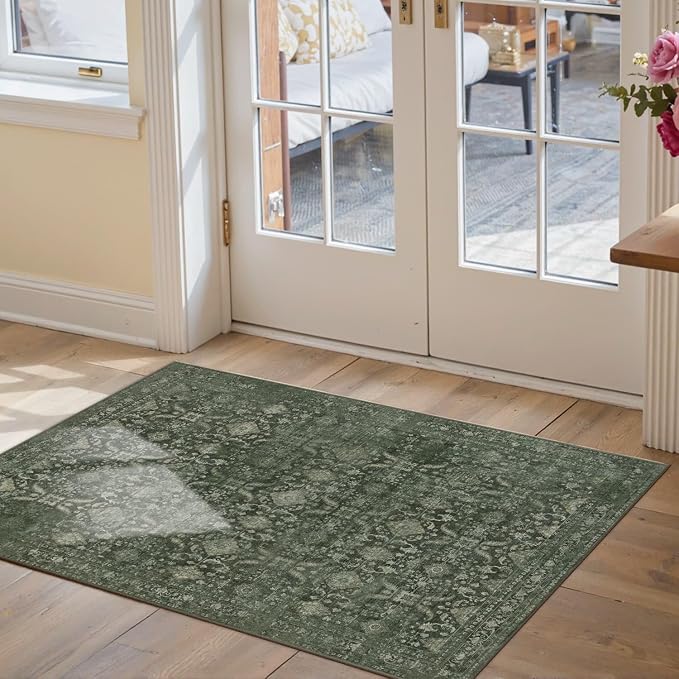 Rugxara 2x3 Entryway Rug Door Mat, Washable Samll Rug, Non Slip, Green | Rug for Entry Entrance Bathroom Kitchen, Stain Resistant, Soft Throw Accent Rug, Low Pile Front Door Mat, Vintage Boho Carpet