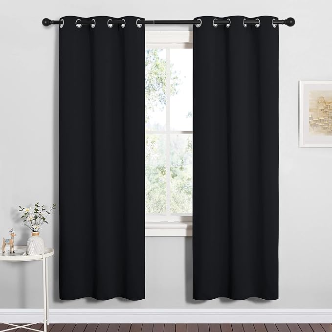 NICETOWN Bathroom Blackout Thermal Curtains and Drapes, Black Solid Thermal Insulated Grommet Blackout Drapery Panels for Window (2 Panels, 34 inches Wide by 72 inches Long, Black)
