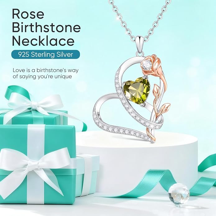 Rose Heart Birthstone Necklace for Women - Dainty 925 Sterling Silver Necklaces for Women Trendy CZ Pendant Necklace Jewelry Birthday Anniversary Christmas Gifts for Girlfriend Mom Lady Daughter