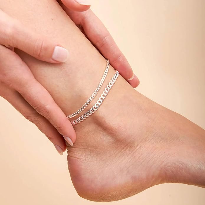ChicSilver 925 Sterling Silver Ankle Bracelet for Women, Simple Cuban Link/Figaro/Twist Rope Chain Anklets for Beach Party(with Gift Box)