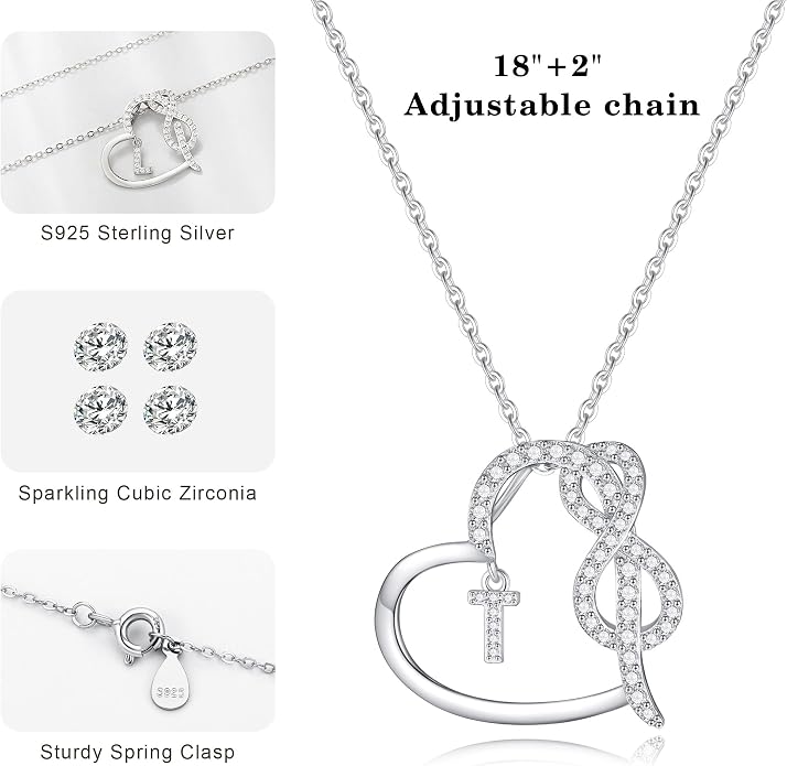 Infinity Heart Necklaces for Women, S925 Sterling Silver Initial Necklace Womens Jewelry Mothers Day Gifts Girls Valentines Gifts for Her Christmas Birthday Gifts for Women Mom Wife Girlfriend