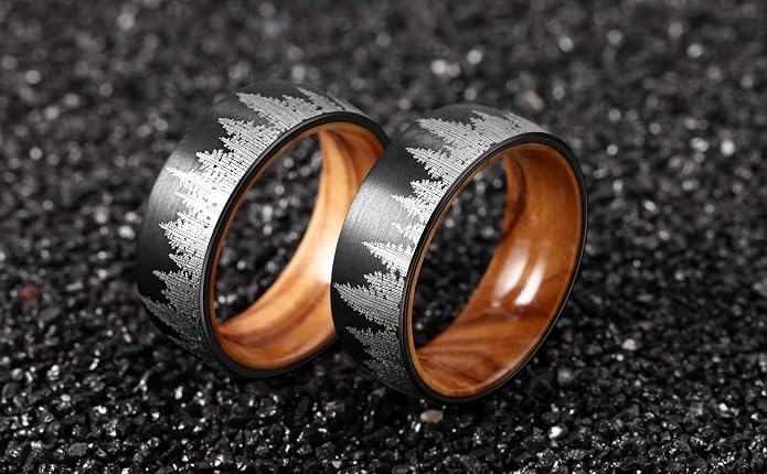 Forest Rings for Men 8 mm Black Plated Wedding Band with Wood Liner Comfort Fit