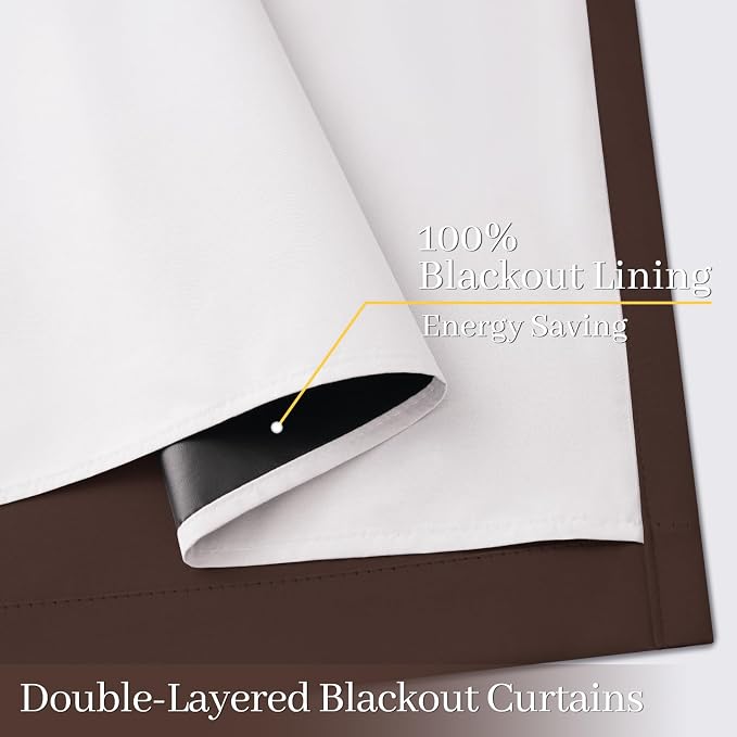 Yakamok Brown 100% Blackout Curtain Panels 84 inches, 50" Wide, 2 Panels | Blackout Curtain Panels for Bedroom, 2 Thick Layers Grommet Top Thermal Insulated Drapes with White Back for Living Room