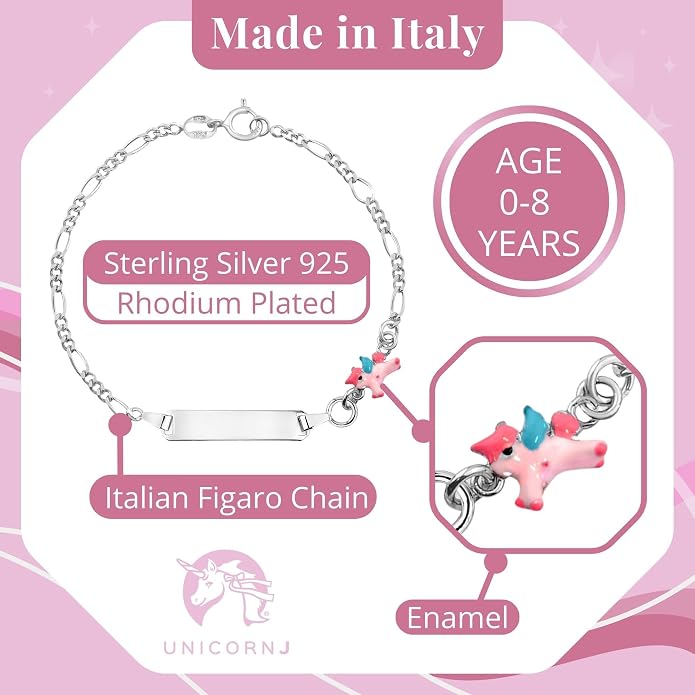 UNICORNJ 925 Italy Sterling Silver Child or Baby Name Bracelet Girls Boys, Personalized Engraved Kids ID Bracelets, 6.5" Figaro Chain, Enamel Charm Newborn Infant Toddler Kid Jewelry