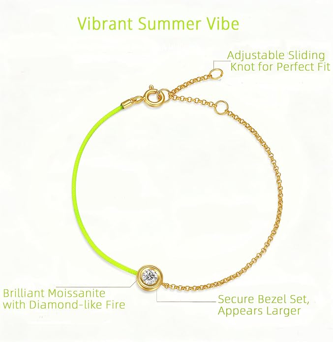 MISS mimi 18K Gold Plated Moissanite Bracelet for Women, 925 Sterling Silver Bezel Set Dainty Cord Jewelry, Adjustable Layering Friendship Gift