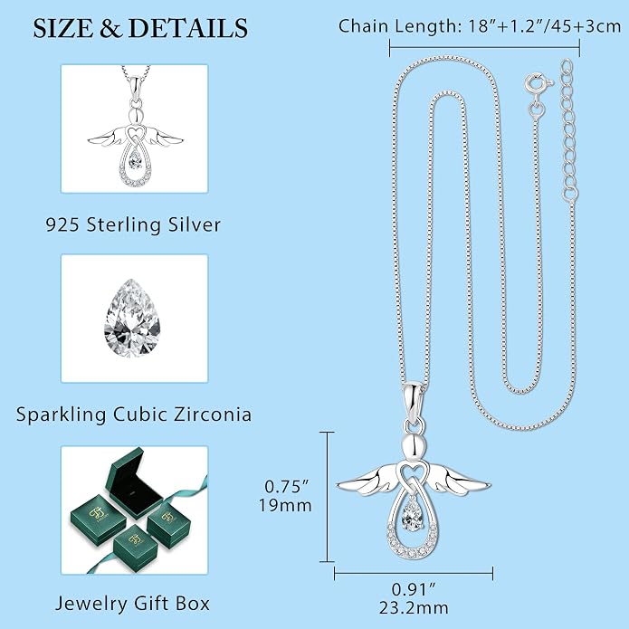 FJ Guardian Angel Necklace 925 Sterling Silver Birthstone Pendant Angel Jewelry Gifts for Women