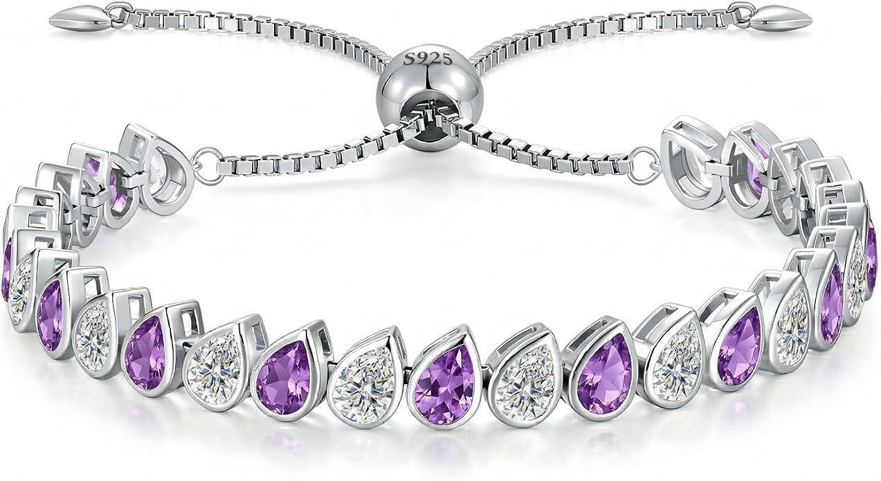 Birthstone Tennis Bracelet for Women 925 Sterling Silver Pear Shaped Gemstone Inlaid White Gold Plated Adjustable Chain Gifts for Mom Wife