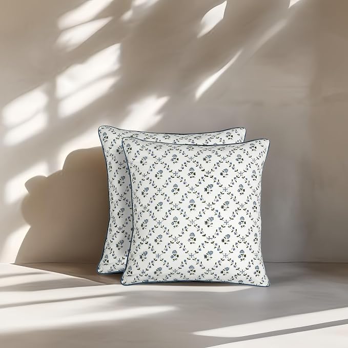 Ridhi Block Print Powder Blue Pillow Cover 18" x 18" (Pack of 2) Decorative Couch Pillows for Living Room, Farmhouse Chic Boho Cute Outdoor Pillows Covers Gifts for Spring, Mother's Day