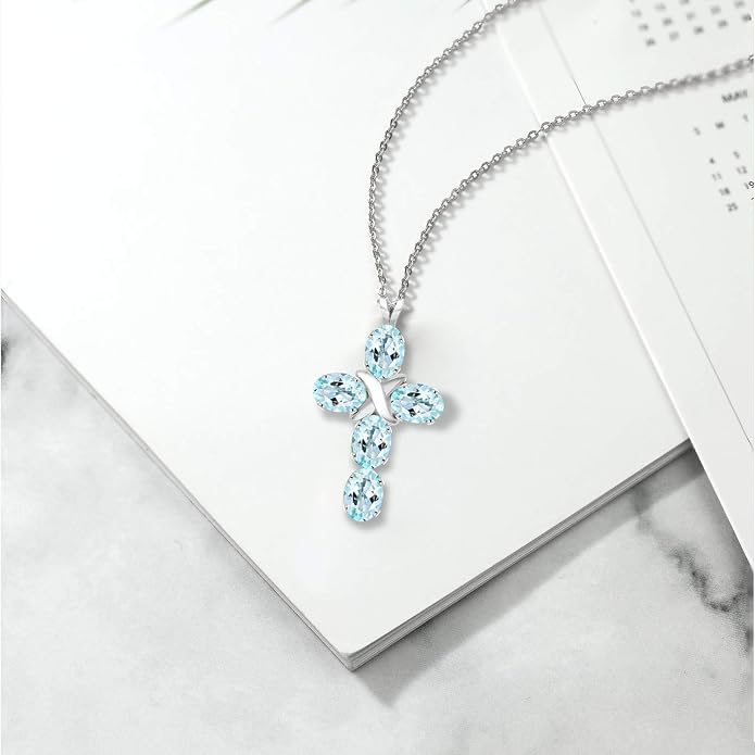 Gem Stone King Cross Pendant Necklace for Women | 925 Sterling Silver | 6X4MM Gemstone Birthstone | Jesus Christian Religious Crucifix Jewelry Gifts | 18 Inch Chain