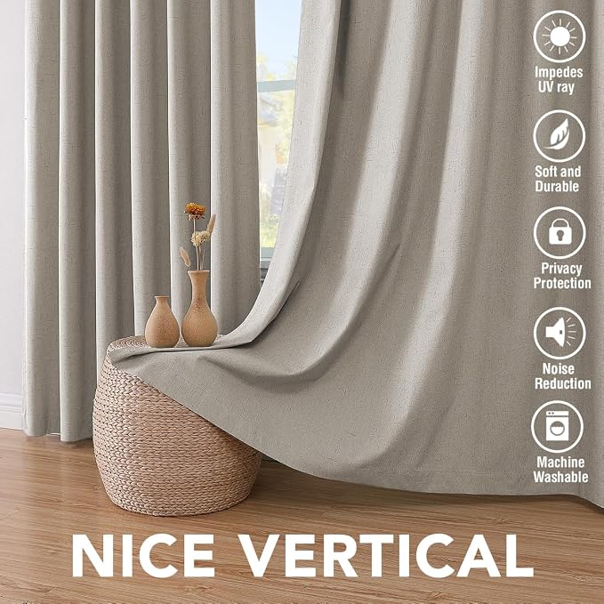 H.VERSAILTEX Linen Blackout Curtains 45 Inches Long 100% Absolutely Blackout Thermal Insulated Textured Linen Look Curtain Draperies Anti-Rust Grommet, Energy Saving with White Liner, 2 Panels, Stone
