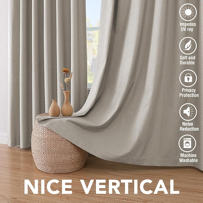 Primitive Linen Curtains 100% Blackout Curtain 63 Inches Long Burlap Fabric Curtains with White Thermal Insulated Liner, Grommet Top Drapes Living Room/Bedroom (2 Panels, 42 x 63 Inch, Stone)
