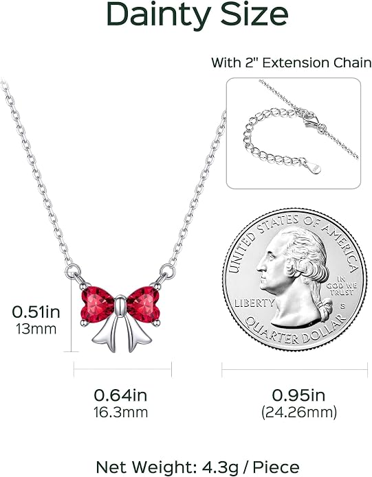 ChicSilver Bow and Cat Birthstone Necklace, 925 Sterling Silver Pendant Necklaces for Women, Hypoallergenic Silver Choker with 16 inch Rolo Chain, 12 Months Jewelry for Valentines Mothers Day Christmas