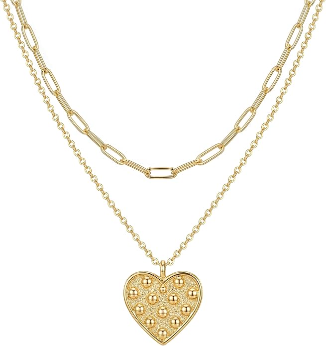 MEVECCO Layered Heart Necklace Pendant Handmade 18k Gold Plated Dainty Gold Choker Arrow Bar Layering Long Necklace for Women