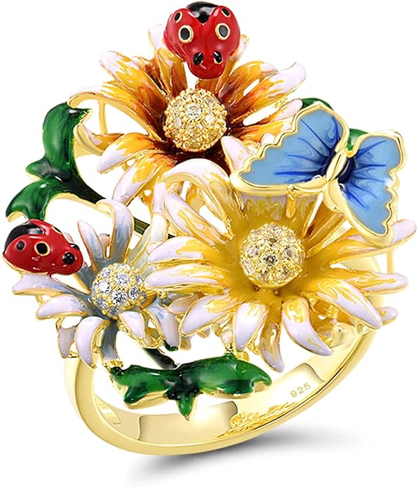 Santuzza 925 Sterling Silver Enamel Flower Ring for Women