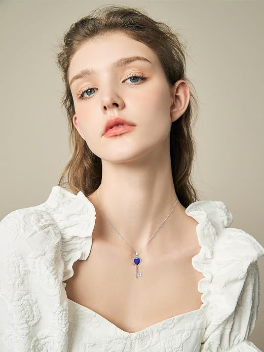 OCJ Zodiac Necklace for Women 925 Sterling Silver Rose Flower Key Pendant Necklaces Zodiac Birthstone Jewelry Wife Birthday Anniversary Christmas Gifts for Her
