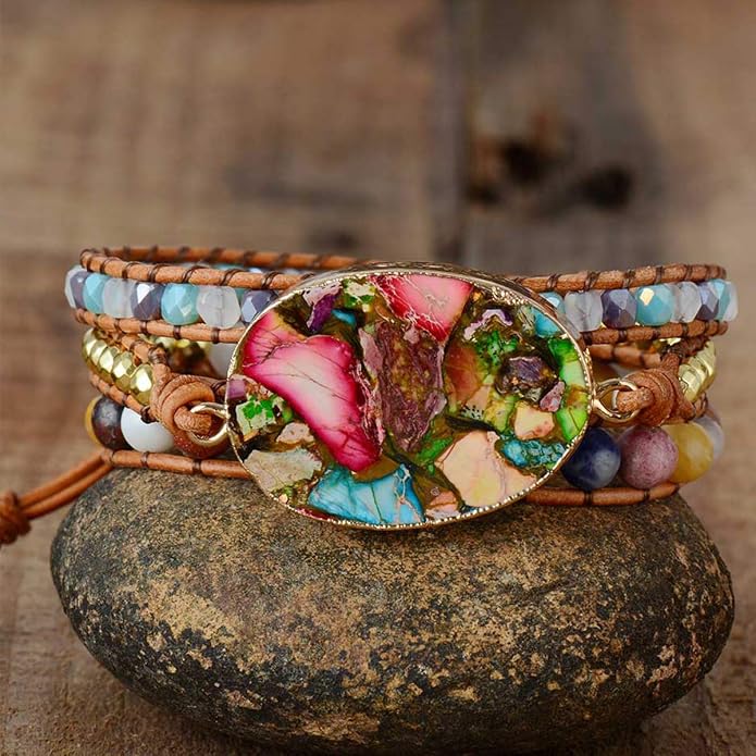 Women Wrap Bracelet Boho Natural Jasper Crystal Stone Beads Strand Bracelets