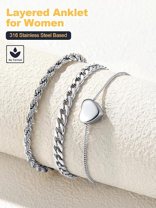U7 2Pcs/3Pcs Ankle Bracelets for Women, Stainless Steel Cuban Link/Figaro/Rope/Heart Chain Anklets Sets,Waterproof Layered Anklets Adjustable 8.5"-10.5"