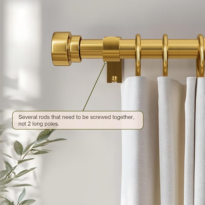 Lootkell Modern Gold Curtain Rods for Windows 72 to 144 Adjustable Length Heavy Duty 1" Diameter Brass Window Curtain Rod with Solid Metal Finials for Outdoor Farmhouse Bedroom Kitchen Living Room