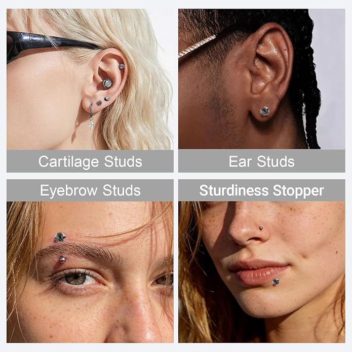 Flat Back Titanium Stud Earrings, Hypoallergenic G23 Titanium Eye Cut Cubic Zirconia Piercing,Eyebrow Versatile Labret Lip Cartilage Helix Sleeper 18G Punk style Jewelry for Women Men